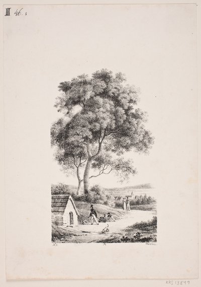 Promeneurs sur un chemin, à gauche de grands arbres - J.F. Møller