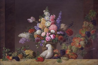 Un panier de fleurs, un cacatoès et une grappe de fruits - J.L. Camradt