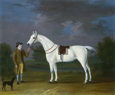 "Tabby Runt", un chasseur gris avec son propriétaire et un terrier dans un paysage fluvial, 1776 - J. Francis Sartorius