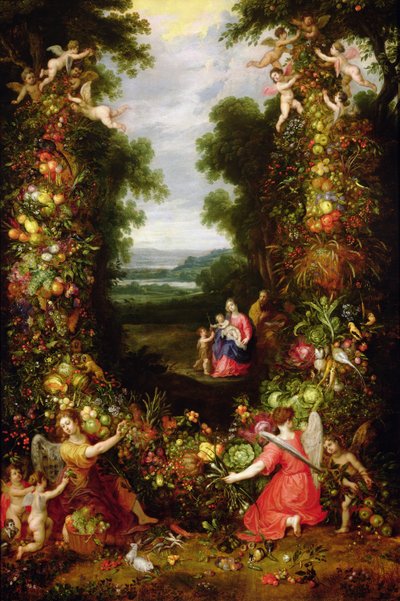 Sainte Famille dans un paysage avec une guirlande de fruits et légumes - J. and Avont, P. van Brueghel