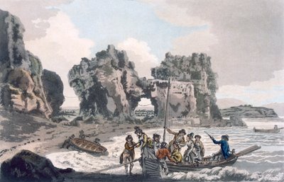 Vue du Castle Rock, depuis le lieu de débarquement sur le Flat Holmes, tirée de A Picturesque Guide to Bath, Bristol Hot-Wells, the River Avon and the Adjacent Country, publié en 1793 (aquatinte en couleur) - J. and Ibbetson, J.C. Hassell