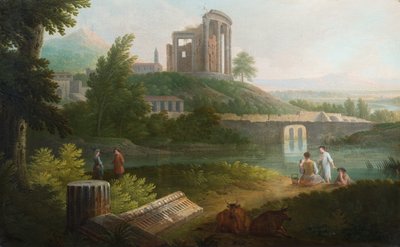 Paysage pastoral italien avec des ruines classiques sur une falaise au-dessus d