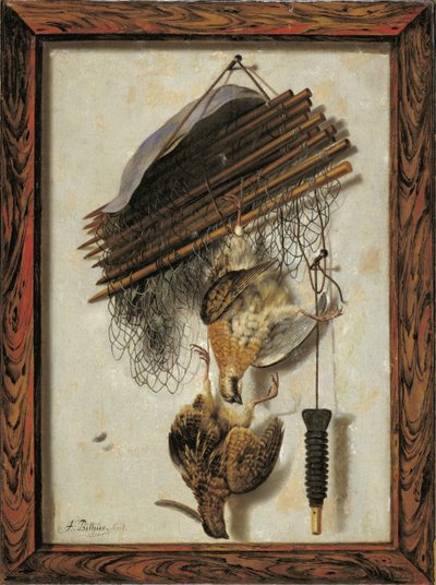 Gibier mort et filet de chasseur. Trompe-l