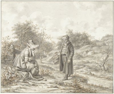 Paysage vallonné avec une femme assise et un homme debout avec un panier - Jacob Ernst Marcus