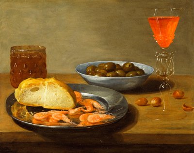 Une assiette avec des crevettes et un rouleau et un bol avec des olives - Jacob  Foppens van Es