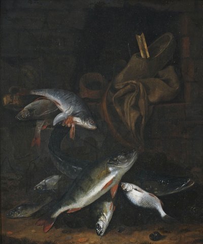 Nature morte aux poissons avec brochet et brème sur un mur - Jacob Gillig