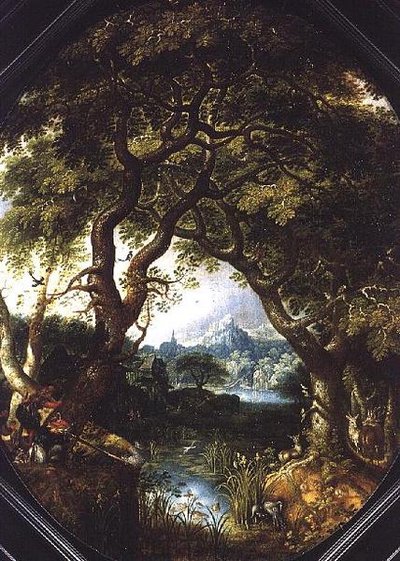 Paysage boisé avec chasseurs près d