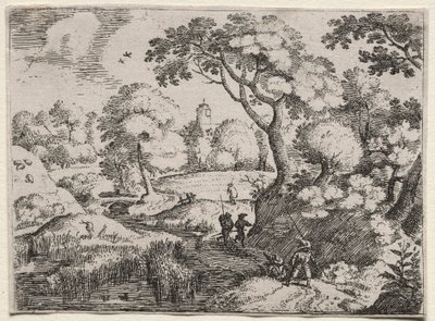 Six paysages : Chemin entre marais et rive boisée, vers 1595 - Jacob I Savery