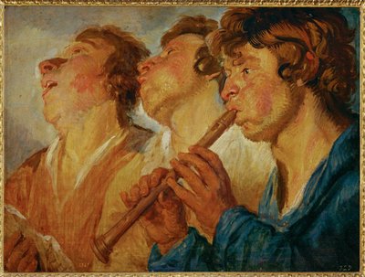 Trois musiciens errants, deux chantant, un troisième jouant ... (peinture sur bois) - Jacob Jordaens