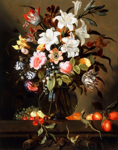 Un bouquet de fleurs avec des fruits et deux lézards des sables sur un rebord en pierre, 1647 - Jacob Marrel
