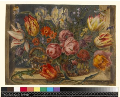 Étude de fleurs : fleurs assorties dans un panier, avec des insectes et un lézard dans un cadre de fenêtre, 1634 - Jacob Marrel