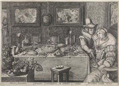 Jeune couple assis à une table richement garnie - Jacob Matham (workshop of)