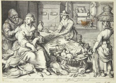 Scène de cuisine avec une femme plumant de la volaille - Jacob Matham