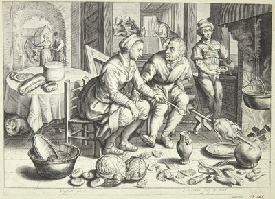 Scène de cuisine avec un homme et une femme faisant rôtir un poulet - Jacob Matham