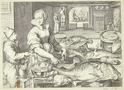 Scène de cuisine avec une cuisinière nettoyant du poisson - Jacob Matham
