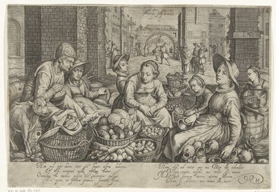 Scène de marché avec en arrière-plan la parabole des ouvriers dans la vigne, vers 1600 - Jacob Matham