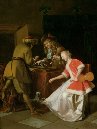 Joueurs de tric-trac avec une dame et son chien - Jacob Lucasz Ochtervelt