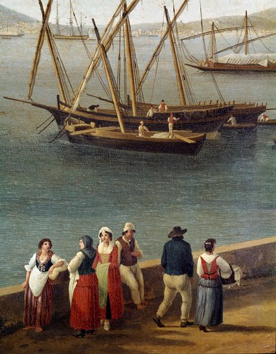 Groupes de personnes sur le quai du port de Gaeta (Gaète). Détail - Peinture de Jacob Philipp Hackert dit Hackert d