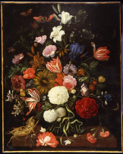 Coquelicots, tulipes, roses, œillets, boule de neige, lys, iris, un tournesol et d