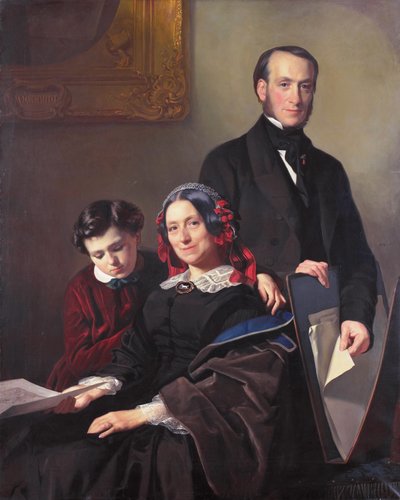 Mme A J Schmidt-Keiser, veuve du peintre Willem Hendrik Schmidt (1809-49), professeur de Jacob Spoel, avec son frère J N Keiser et son fils de dix ans. - Jacob Spoel