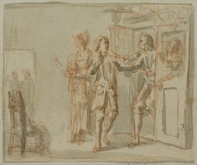 Illustration littéraire : Deux hommes et une femme dans un intérieur - Jacob Wilhelm Mechau