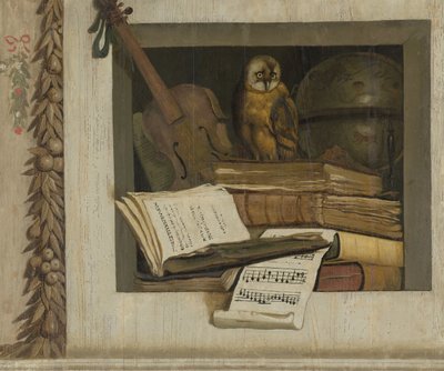 Nature morte avec livres, partitions, violon, globe céleste et chouette - Jacob van Campen