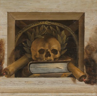 Nature morte de vanité avec crâne couronné de laurier, livre et deux bougies allumées - Jacob van Campen