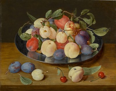 Nature morte de prunes et de pêches sur une assiette en étain, avec des prunes, une pêche et des cerises, le tout sur une table - Jacob van Hulsdonck