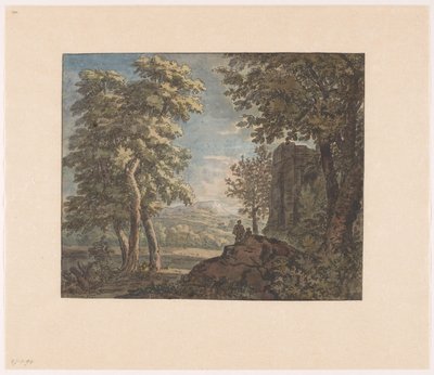 Paysage arcadien avec ruine antique et deux hommes - Jacob van Liender