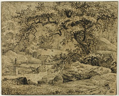 Paysage avec figure reposant sous un arbre près d