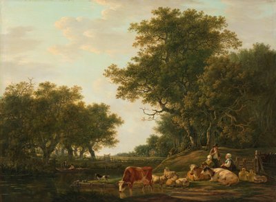 Paysage avec paysans, leur bétail et des pêcheurs sur l
