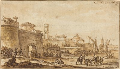 Scène côtière avec une ville fortifiée - Jacob van der Ulft