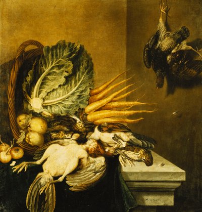 Un Panier Renversé de Volaille, Navets, Pommes, Oignons et un Chou sur un Rebords Drapé d