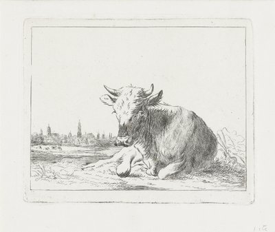 Vache couchée, avec une ville en arrière-plan - Jacobus Cornelis Gaal