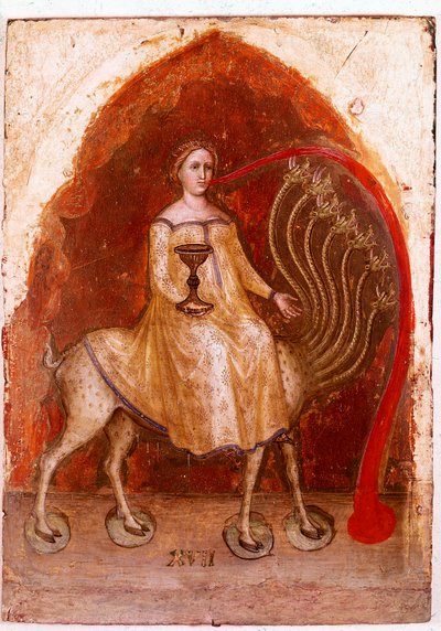 Panneau gauche du Polyptyque de la Révélation : la bête a sept têtes et la Femme, assise dessus, prostituée riche. Détrempe sur bois - Jacopo Alberegno