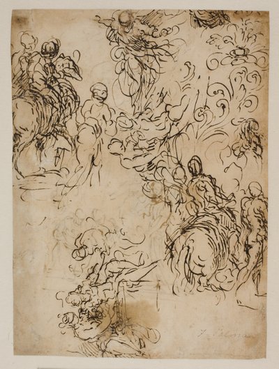 Esquisses pour le Christ flottant dans les airs, cavaliers, un couple assis et un ornement floral - Jacopo Palma