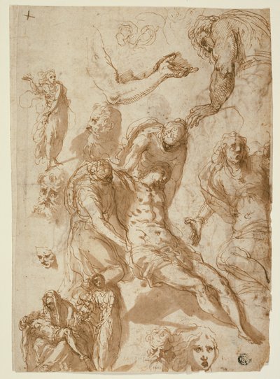 Esquisses pour une Lamentation et une Pietà, et de diverses figures, têtes et un bras (recto); Esquisses du Christ mort, et de diverses figures et têtes (verso) - Jacopo Palma il Giovane
