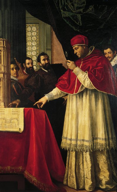 Michel-Ange présentant des modèles pour la façade de San Lorenzo, la Bibliothèque Laurentienne et les tombes des Médicis au Pape Léon X et au Cardinal Giulio de Medici - Jacopo da Empoli (and workshop)