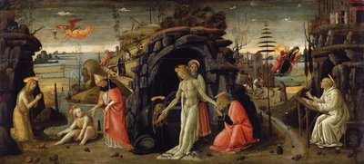 Paysage avec des scènes bibliques et des scènes de légendes de saints - Jacopo del Sellaio