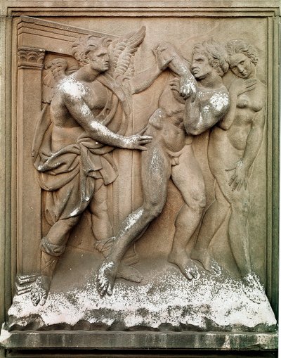 Adam et Ève chassés du Paradis terrestre. Bas-relief en marbre par Jacopo Della Quercia (1374/8-1438) 1430-1435. Bologne, Chiesa di San Petronio - Jacopo della Quercia