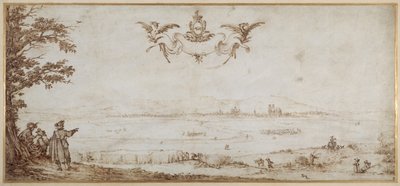 Vue de Toul à travers la plaine, paysage avec figures, le ciel avec les armes des Porcellets - Jacques Callot