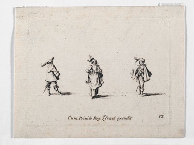 Une dame au chapeau à plumes et deux cavaliers, de ... (gravure) - Jacques Callot