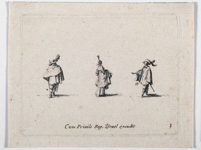 Une dame à la jupe froncée et deux cavaliers, d