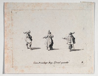 Une dame à la main tendue et deux cavaliers, de ... (gravure) - Jacques Callot