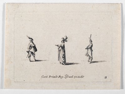 Une dame au chapeau à plumes et deux cavaliers, de ... (gravure) - Jacques Callot