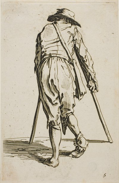 Mendiant sur des béquilles et portant un chapeau, vu de dos, planche cinq de Les Mendiants - Jacques Callot