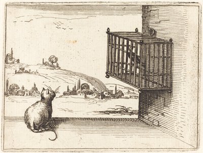 Chat regardant un oiseau en cage - Jacques Callot