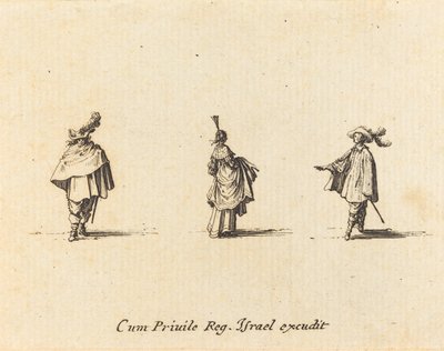 Dame avec robe relevée, et deux messieurs - Jacques Callot