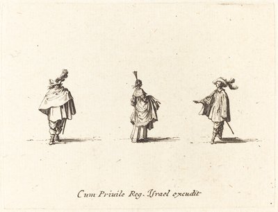 Dame avec robe relevée, et deux messieurs - Jacques Callot