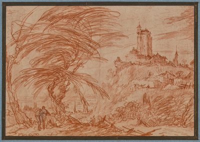 Landschaft, rechts auf einem Hügel ein großer Turm, links eine Baumgruppe und einige Figuren - Jacques Callot
